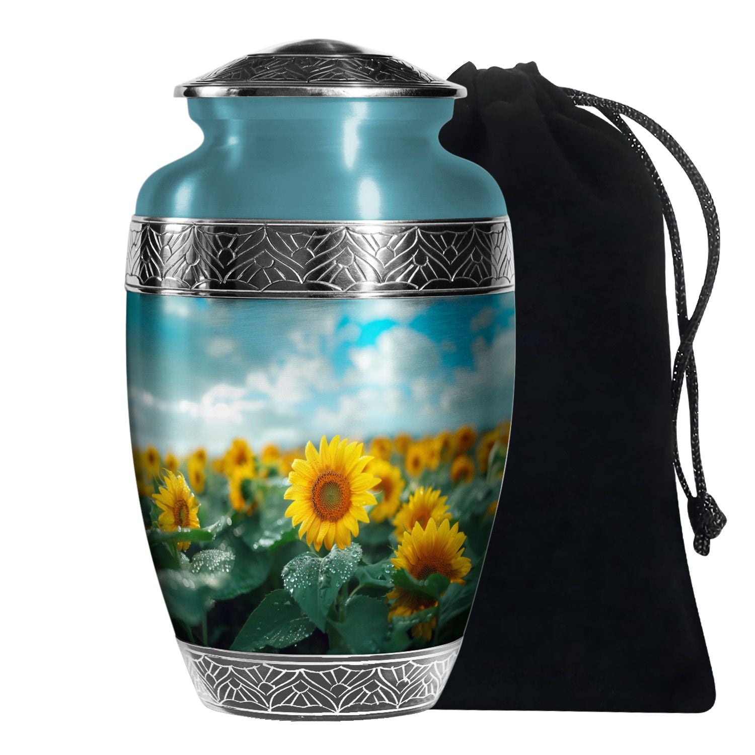Sunflower Garden Funeral Urn - Blue Aluminum Urn For Adult Ashes