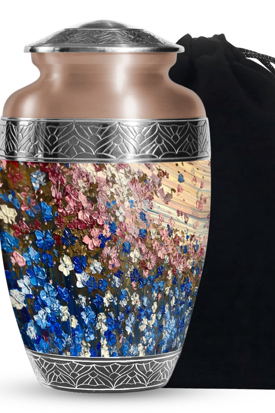 Pink & Blue Floral Funeral Urn - Artistic Memorial Urn For Human Ashes