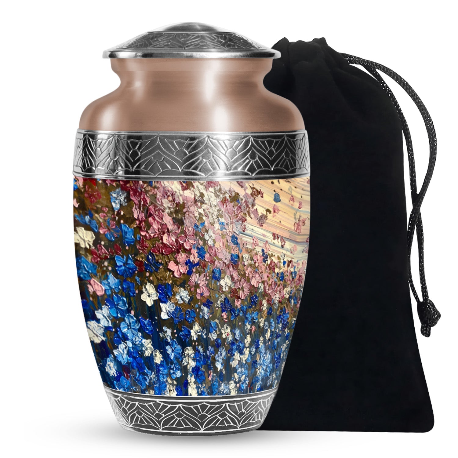 Pink & Blue Floral Funeral Urn - Artistic Memorial Urn For Human Ashes