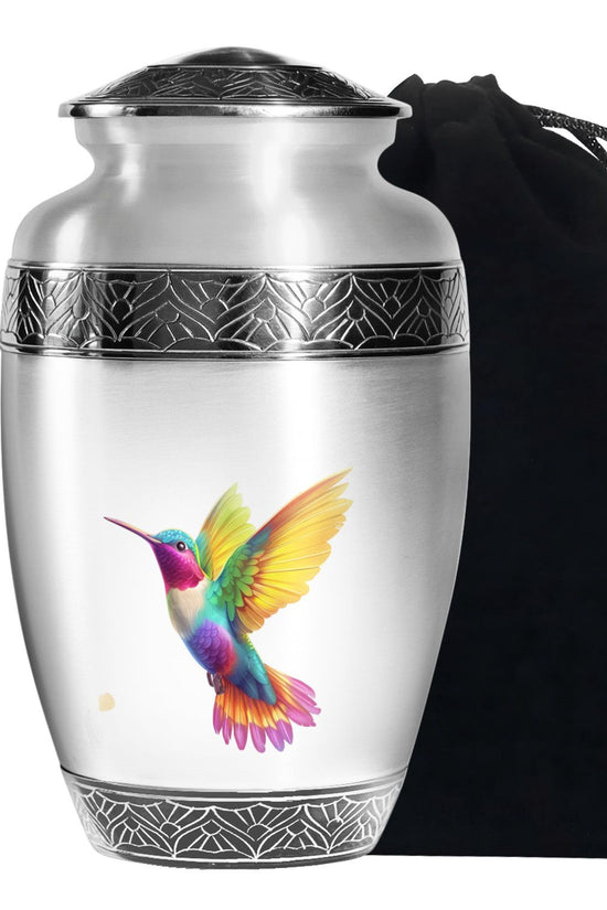 Colourful Hummingbird Cremation Urn - White Aluminium Funeral Urn For Adult Ashes