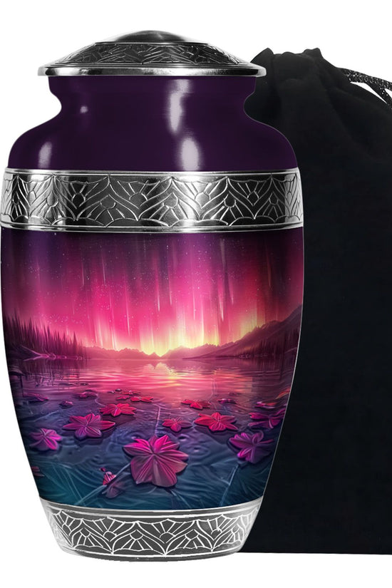 Pink Aurora Borealis Memorial Urn - Floral Lake Cremation Urn For Ashes