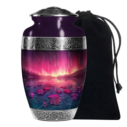 Pink Aurora Borealis Memorial Urn - Floral Lake Cremation Urn For Ashes