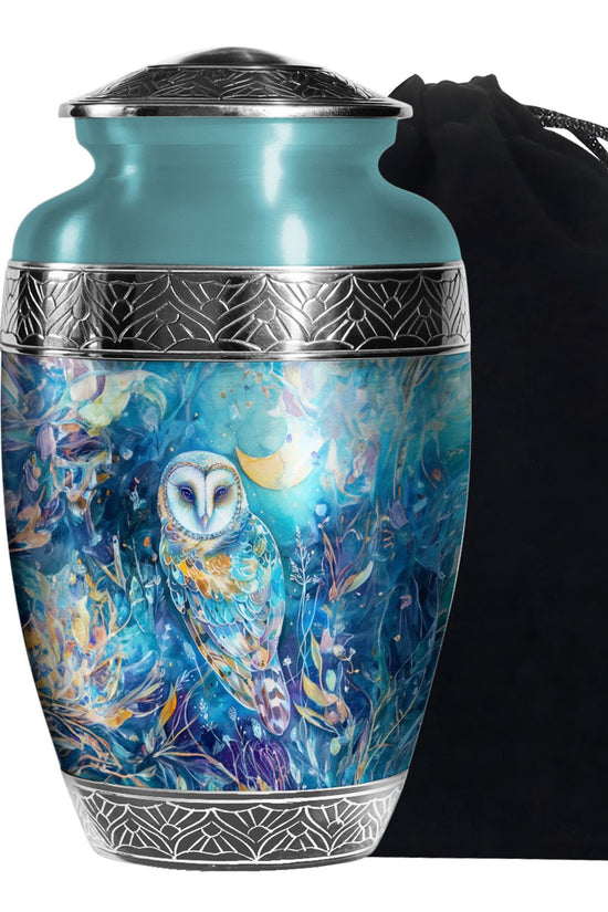 Blue Nature Memorial Owl Urn - Unique Aluminium Funeral Urn For Human Ashes