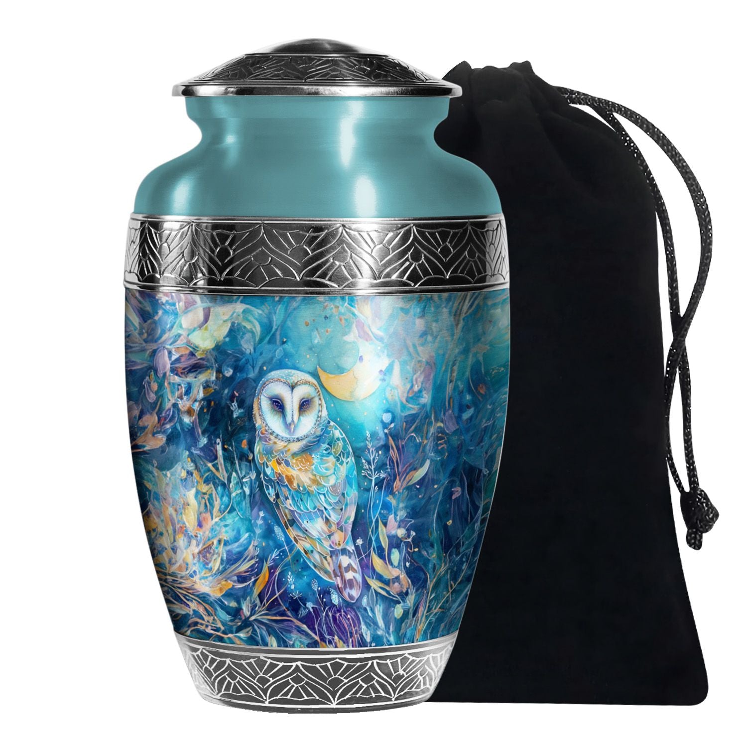 Blue Nature Memorial Owl Urn - Unique Aluminium Funeral Urn For Human Ashes