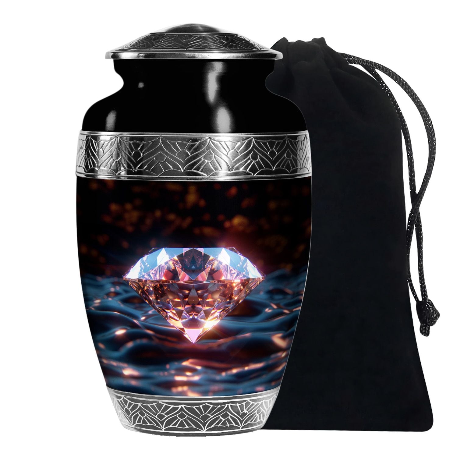 Glowing Diamond Memorial Urn - Black Aluminium Funeral For Ashes