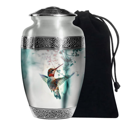 Peaceful Hummingbird Memorial Urn - White Aluminium Funeral Urn For Loved Ones