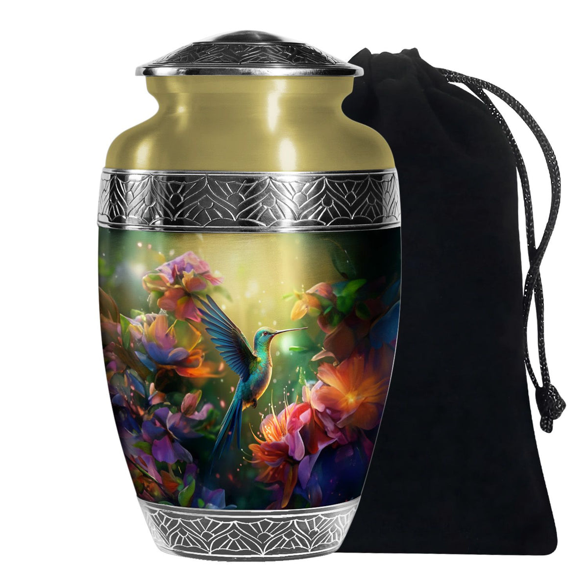 Artistic Floral Hummingbird Cremation Urn - Premium Aluminum Urn For Ashes