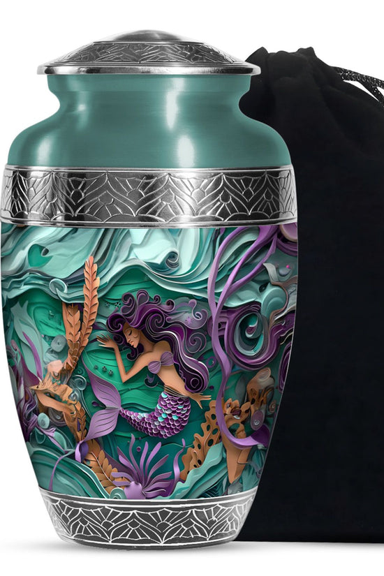 Artistic Mermaid Funeral Urn - Green Aluminium Memorial Urn For Women