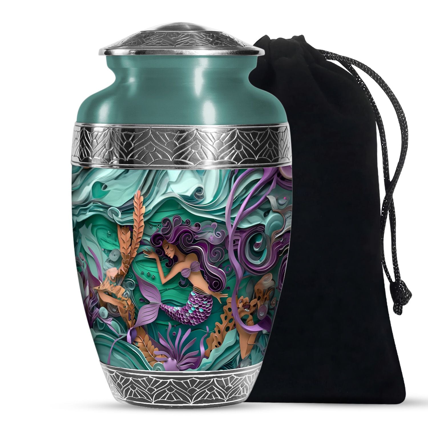 Artistic Mermaid Funeral Urn - Green Aluminium Memorial Urn For Women