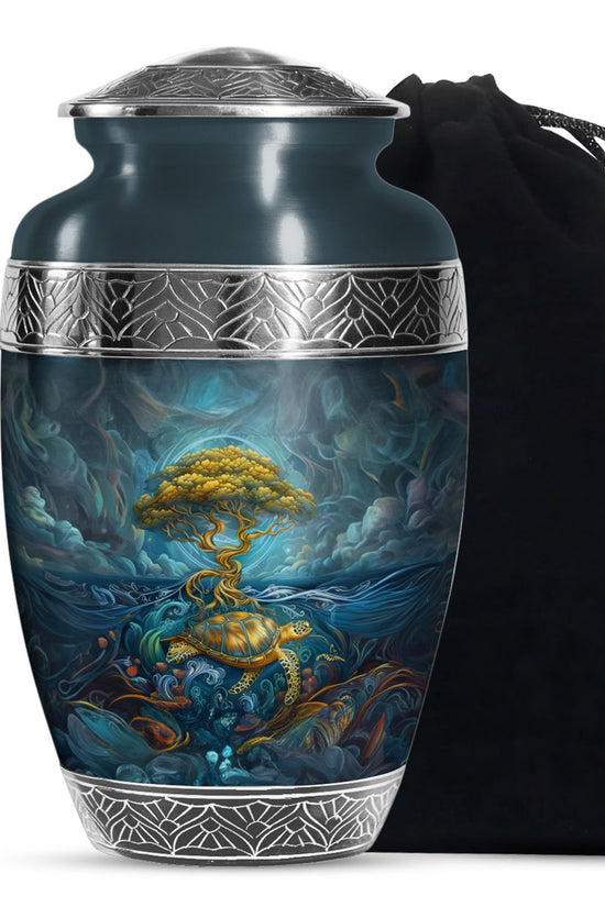Sea Turtle Tree Cremation Urn - Blue Aluminium Memorial Urn For Loved Ones