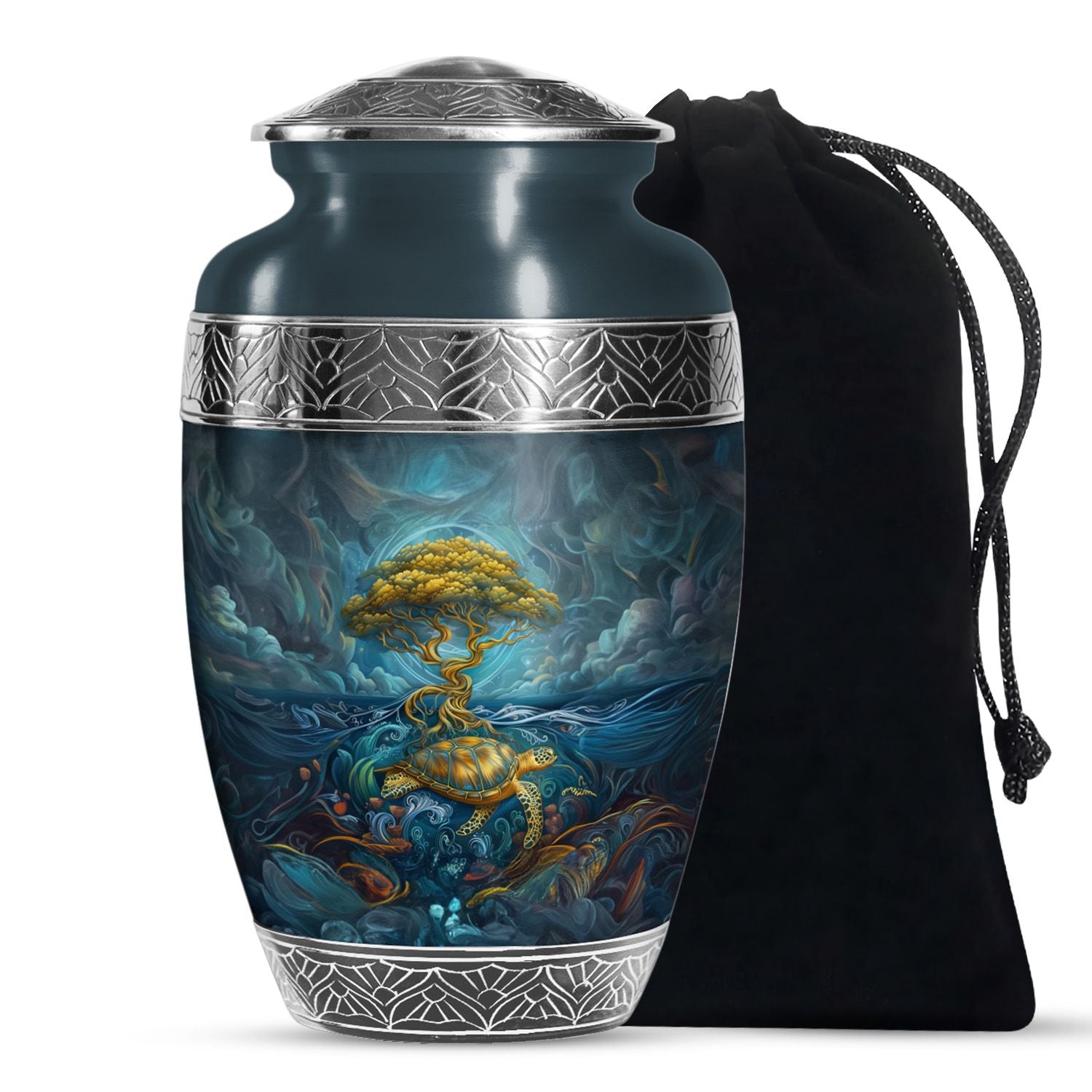 Sea Turtle Tree Cremation Urn - Blue Aluminium Memorial Urn For Loved Ones