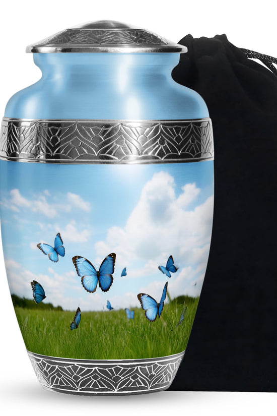Blue Butterflies Memorial Urn - Large Decorative Urn For Human Ashes