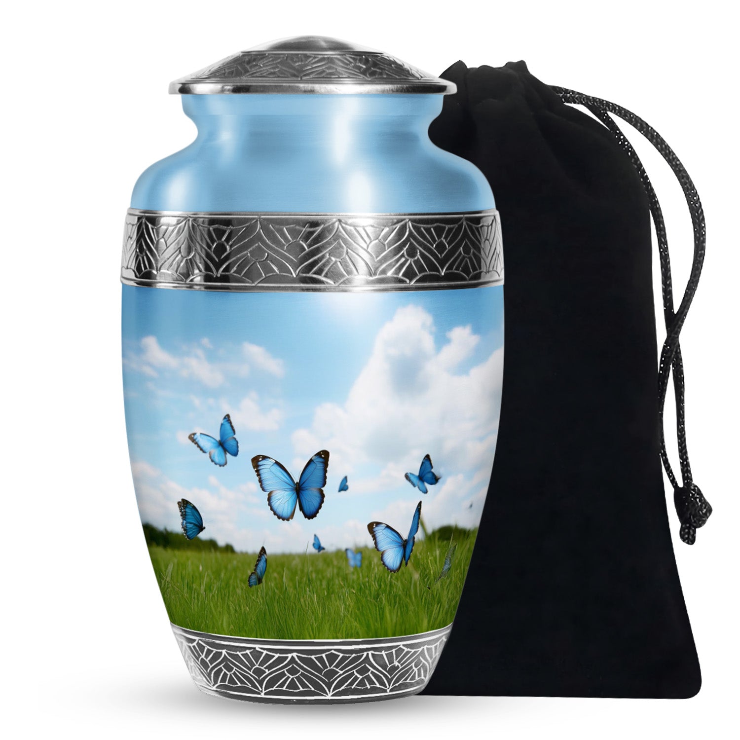 Blue Butterflies Memorial Urn - Large Decorative Urn For Human Ashes