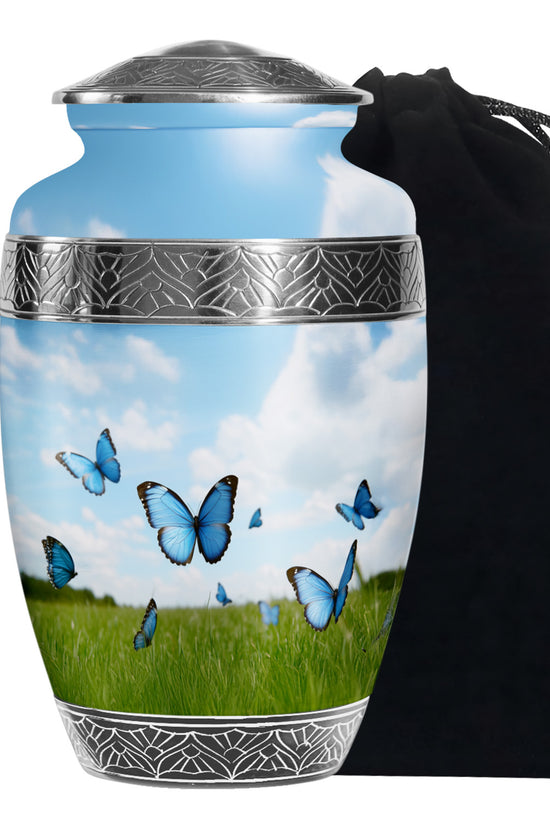 Blue Butterflies Memorial Urn - Large Decorative Urn For Human Ashes