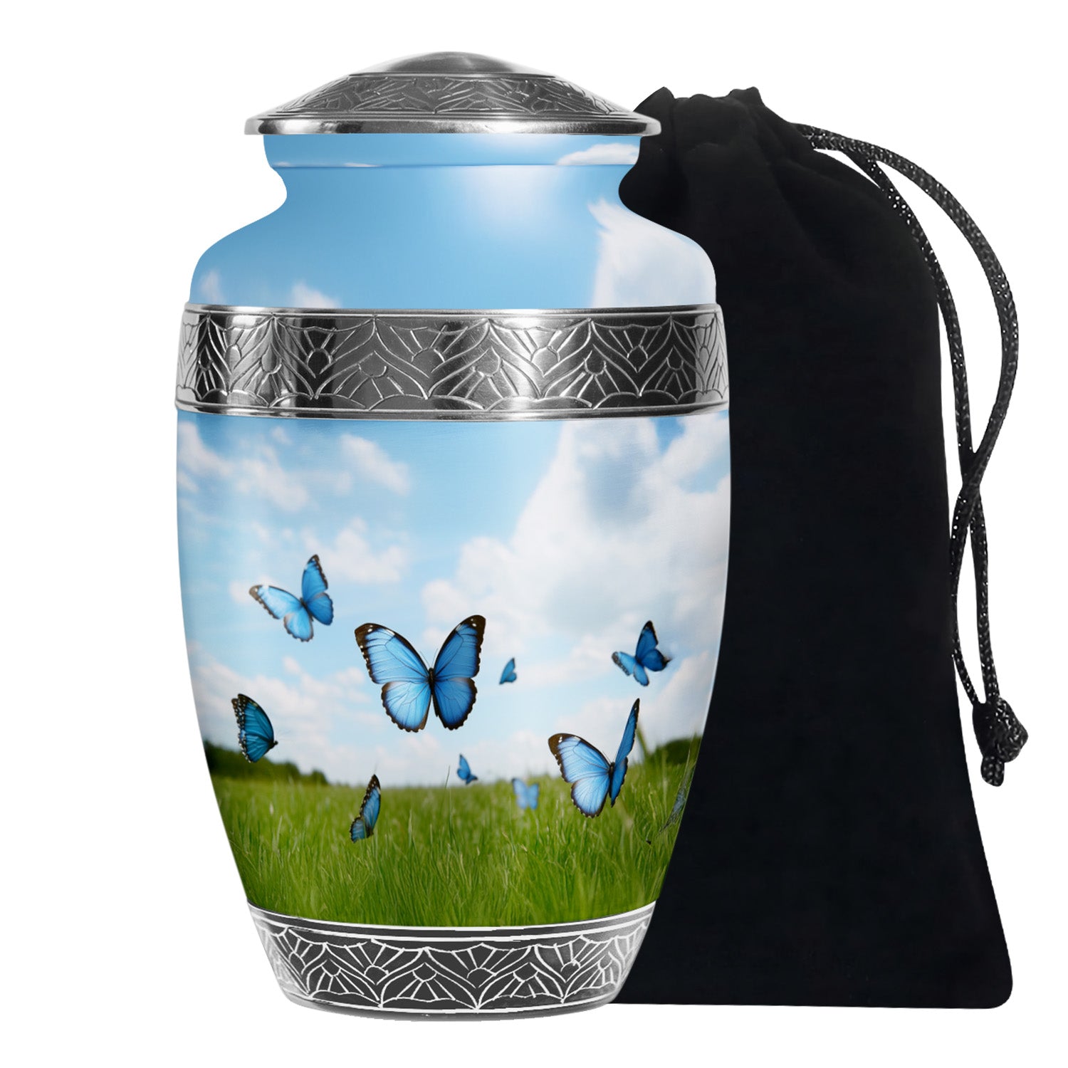 Blue Butterflies Memorial Urn - Large Decorative Urn For Human Ashes