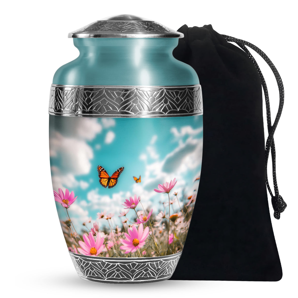 Monarch Butterflt Urn For Mom - Blue Sky Floral Urn For Women