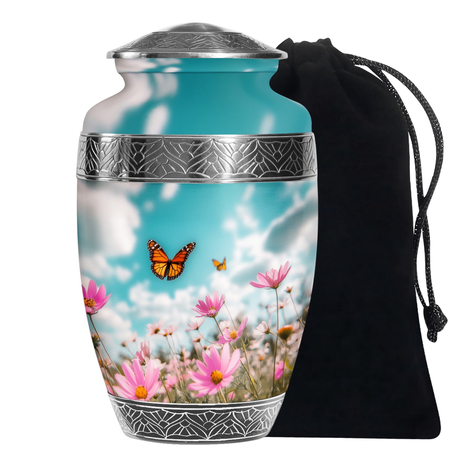 Monarch Butterflt Urn For Mom - Blue Sky Floral Urn For Women