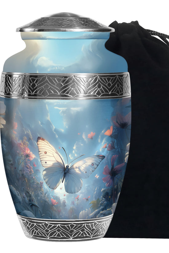 Dreamlike White Butterfly Urn For Human Ashes - Floral Memorial Urn