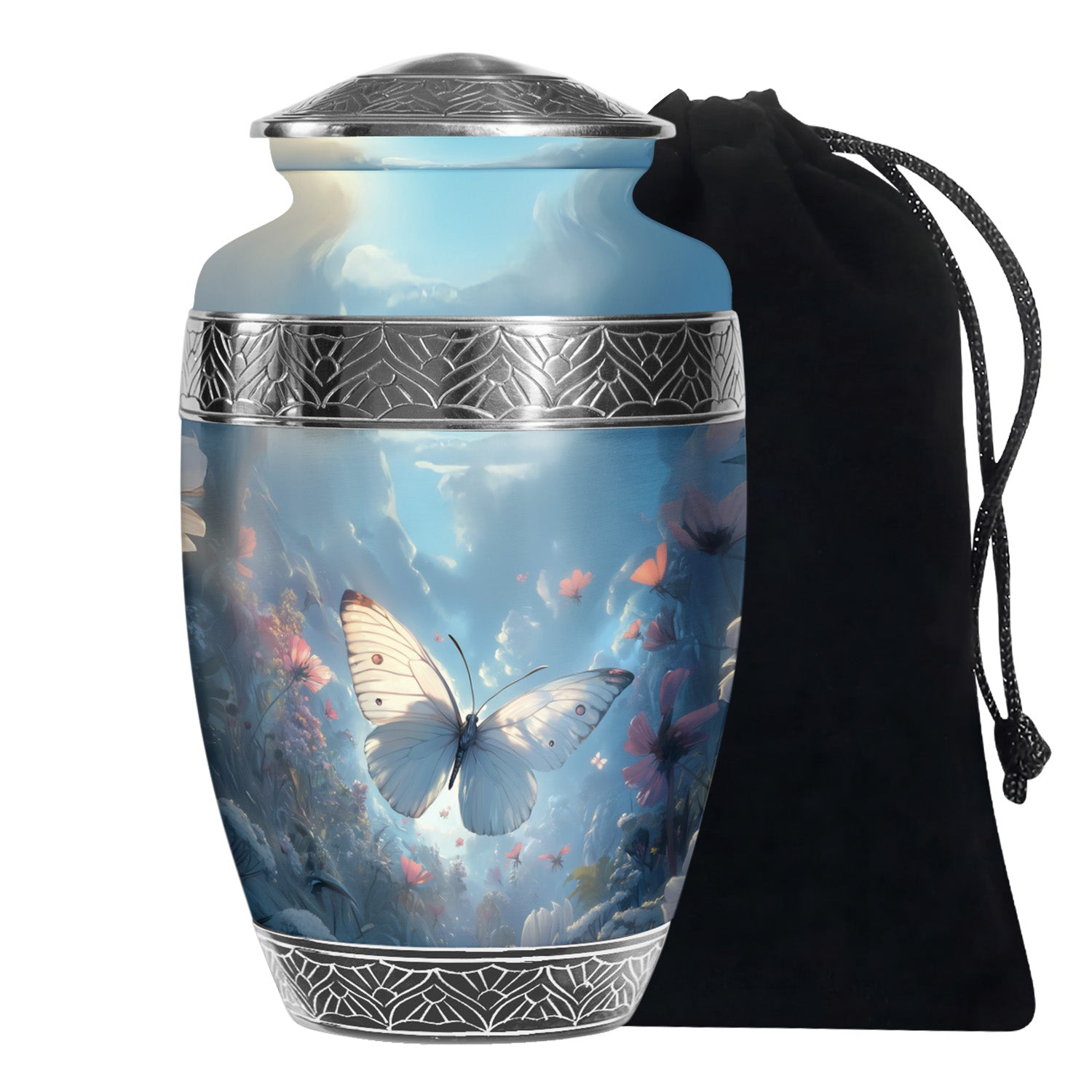 Dreamlike White Butterfly Urn For Human Ashes - Floral Memorial Urn