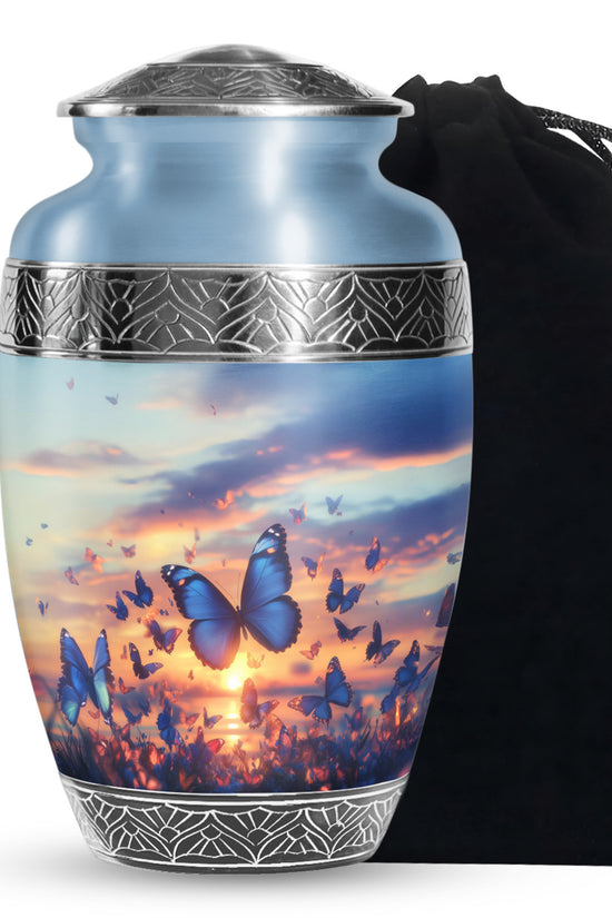 Blue Butterflies Memorial Urn - Sunset Cremation Urn For Women