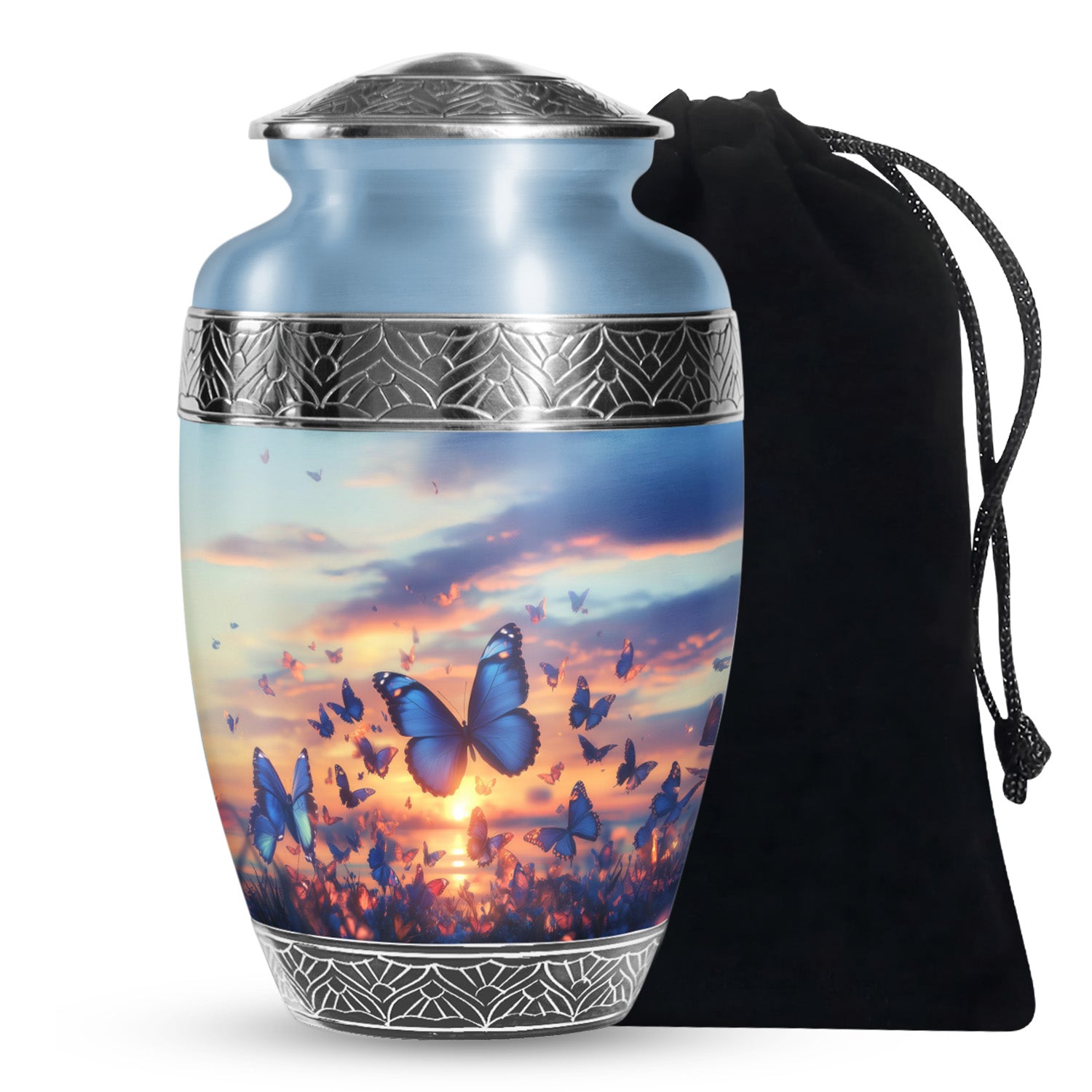 Blue Butterflies Memorial Urn - Sunset Cremation Urn For Women