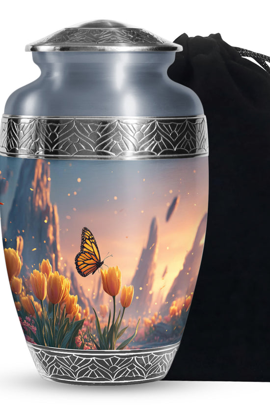 Orange Monarch Butterfly Ashes Urn - Yellow Tulip Cremation Urn