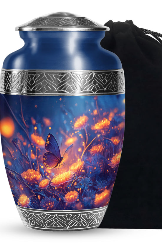 Glowing Butterfly Cremation Urn for Ashes - Blue Floral Memorial Urn