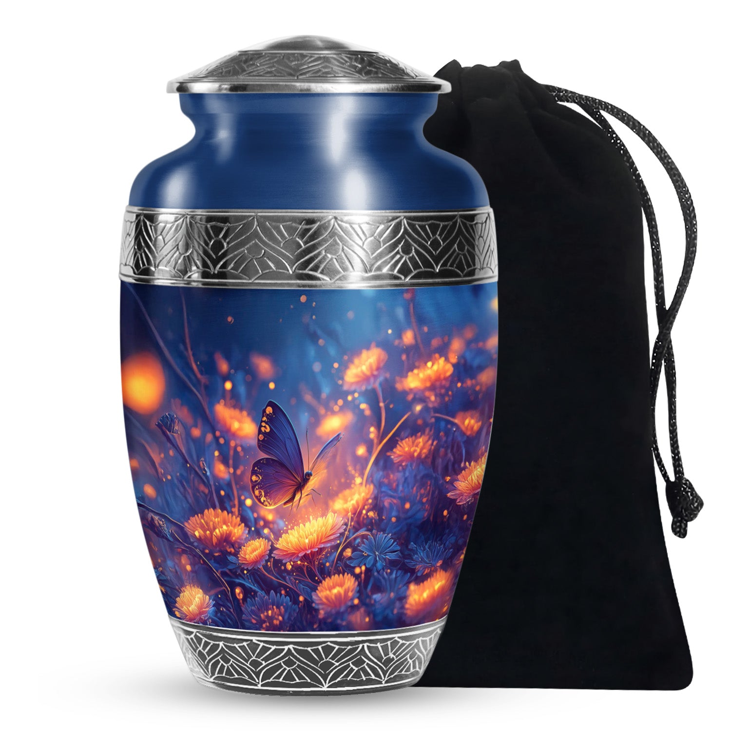 Glowing Butterfly Cremation Urn for Ashes - Blue Floral Memorial Urn