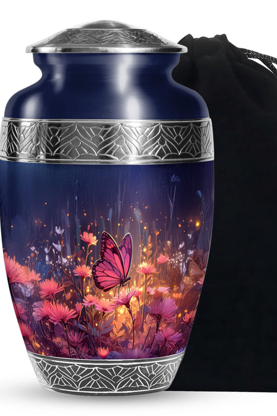 Navy Blue Butterfly Urn for Ashes – Elegant Floral Memorial For Ashes