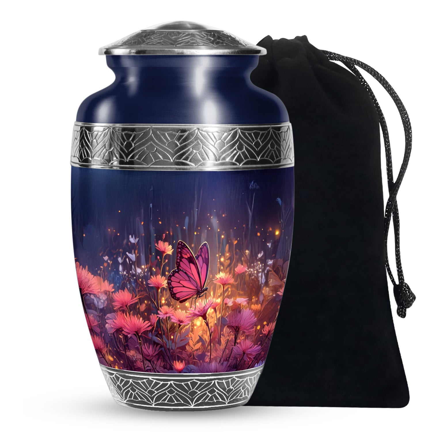 Navy Blue Butterfly Urn for Ashes – Elegant Floral Memorial For Ashes