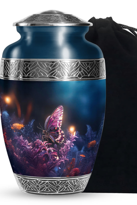 Purple Butterfly Urn with Flowers – Elegant Memorial Cremation Urn