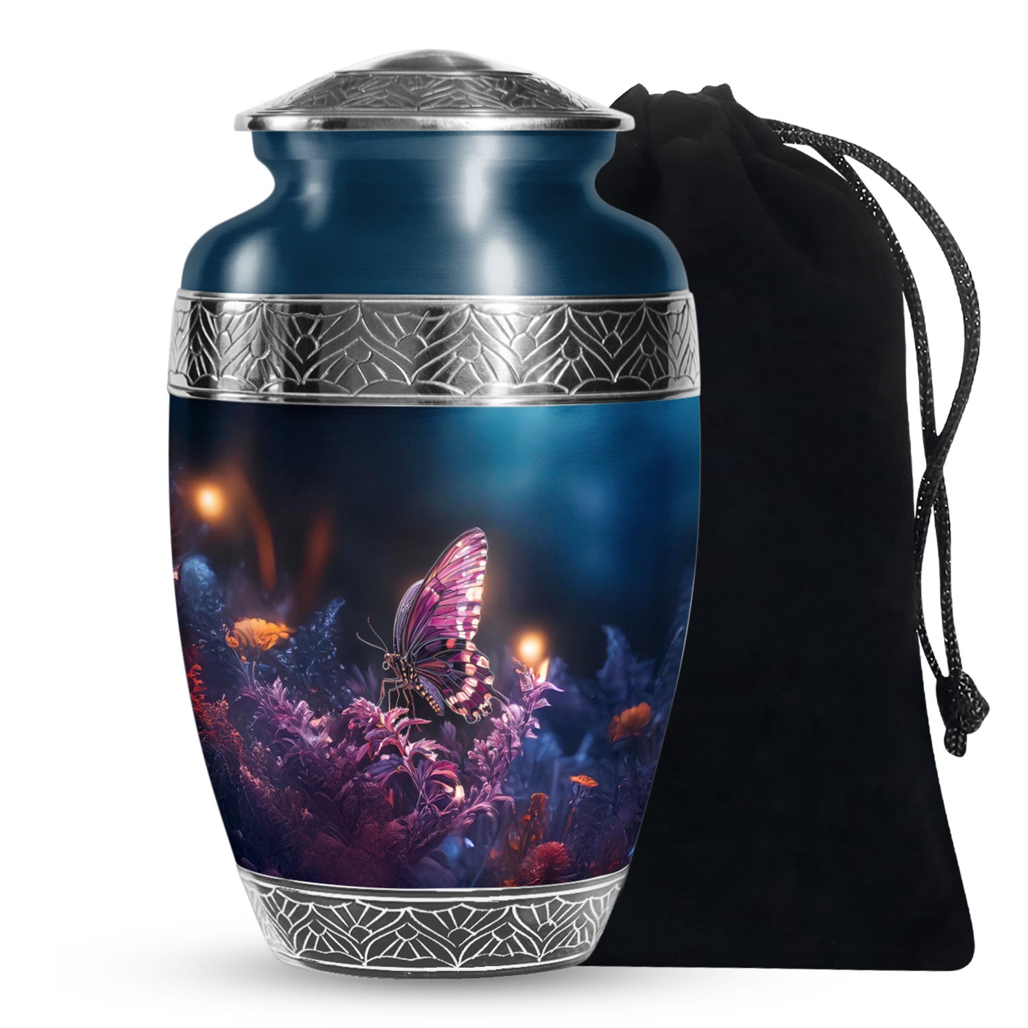 Purple Butterfly Urn with Flowers – Elegant Memorial Cremation Urn