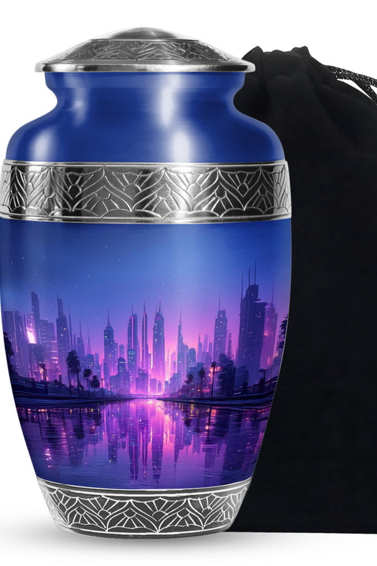 Elegant Blue Cityscape Urn - Unique Decorative Urns For Human Ashes