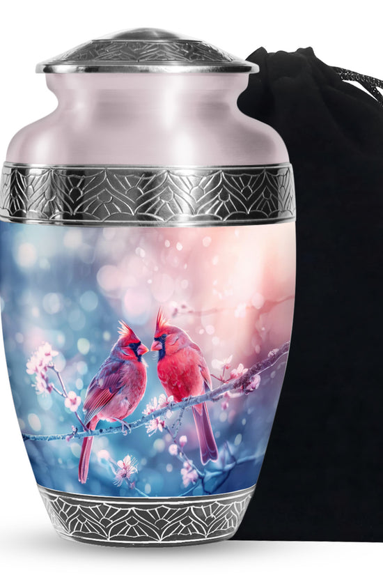 Cardinal Bird Pair Urn For Couples - Cherry Blossoms Memorial Urn