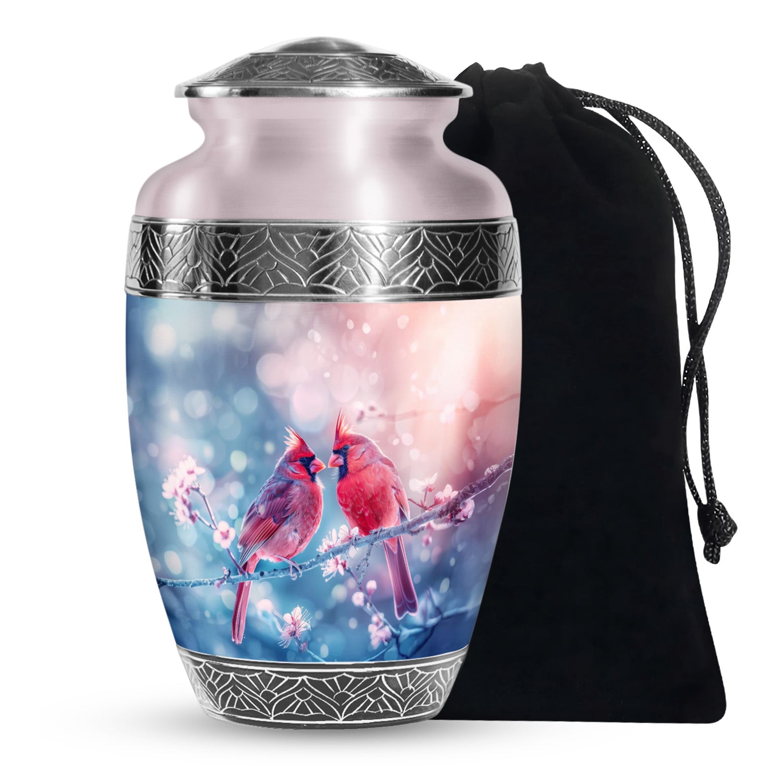 Cardinal Bird Pair Urn For Couples - Cherry Blossoms Memorial Urn