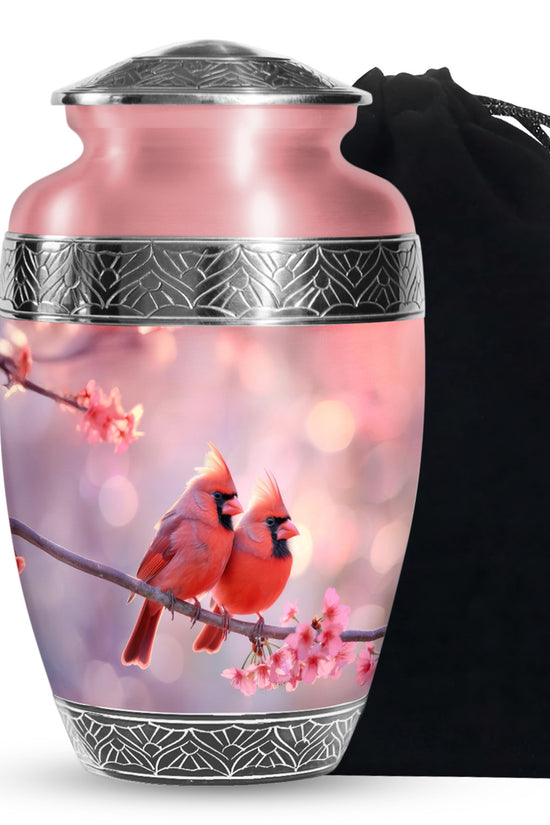 Red Cardinal Bird Pair Urn For Women - Pink Blossoms Urn For Funeral