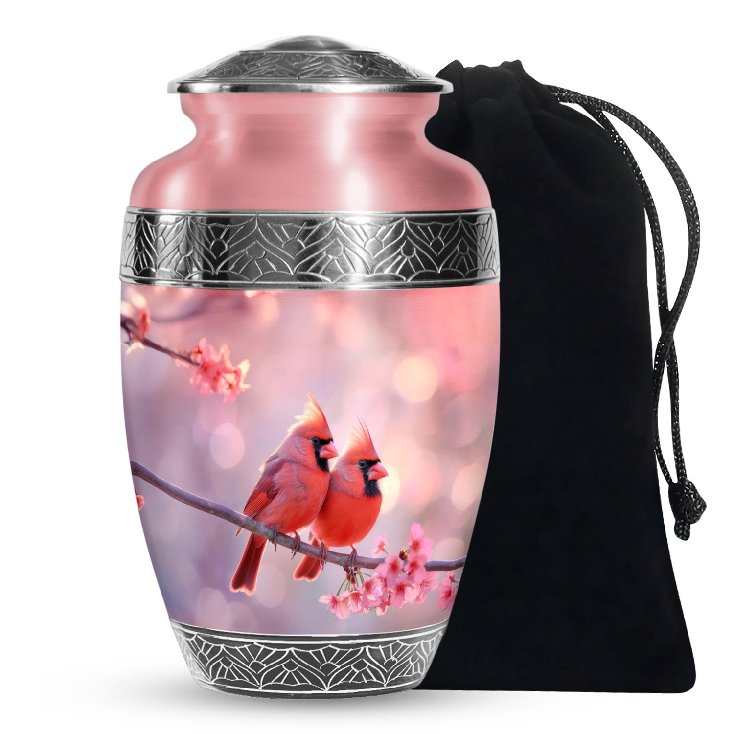 Red Cardinal Bird Pair Urn For Women - Pink Blossoms Urn For Funeral