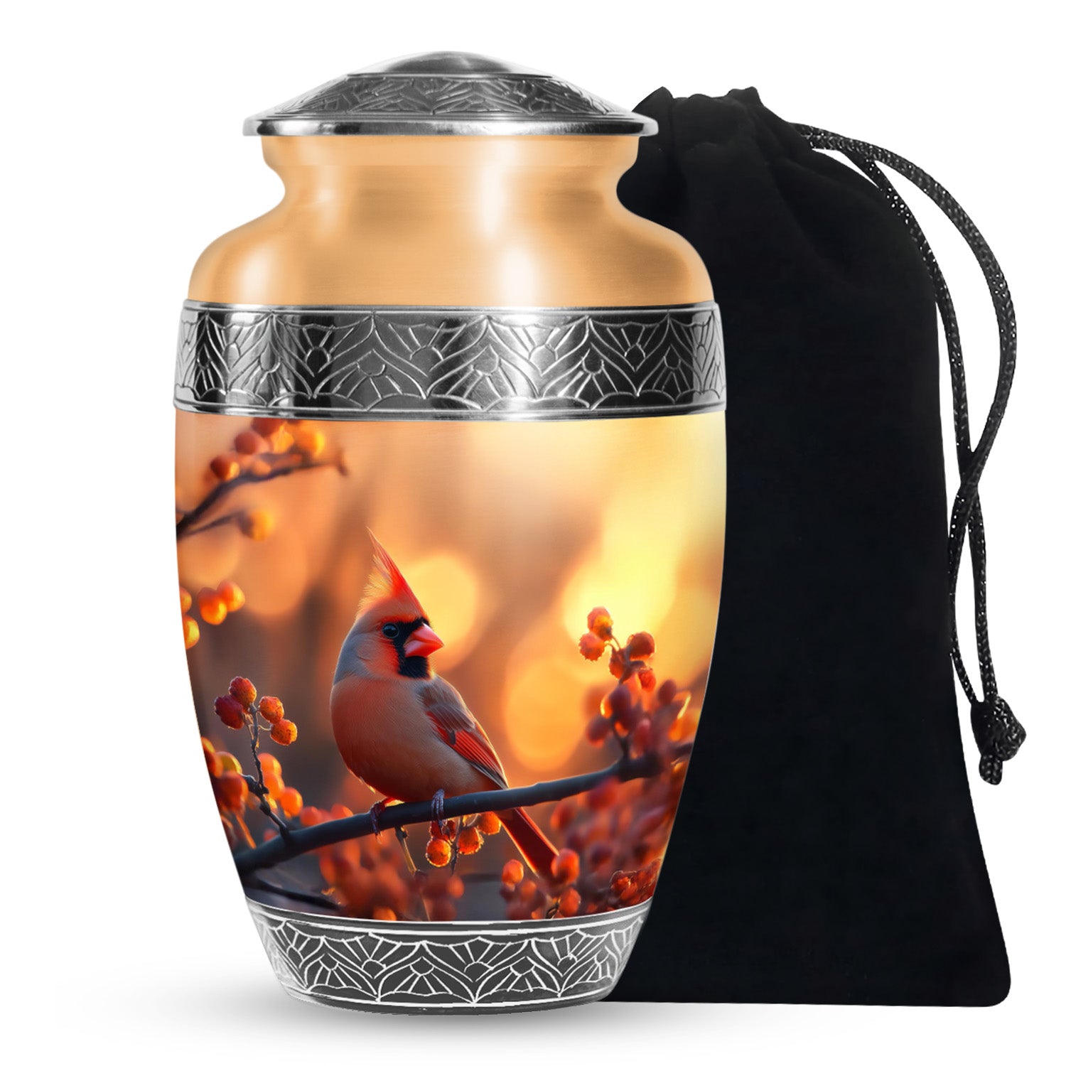 Orange Urn For Adult Human Ashes - Cardinal Bird Ashes Urn For Funeral