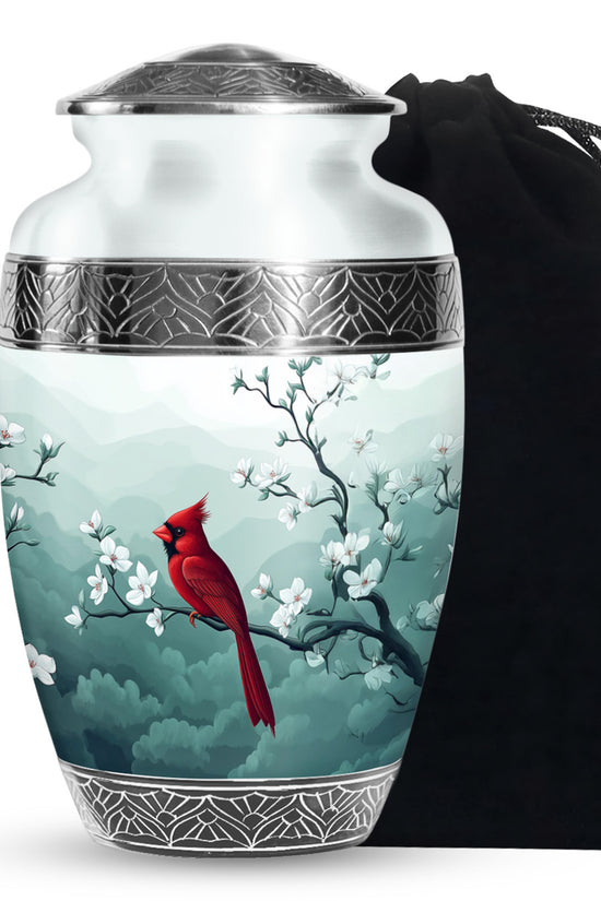 Cardinal Bird Memorial Urn - White Cherry Blossom Urn For Male & Female