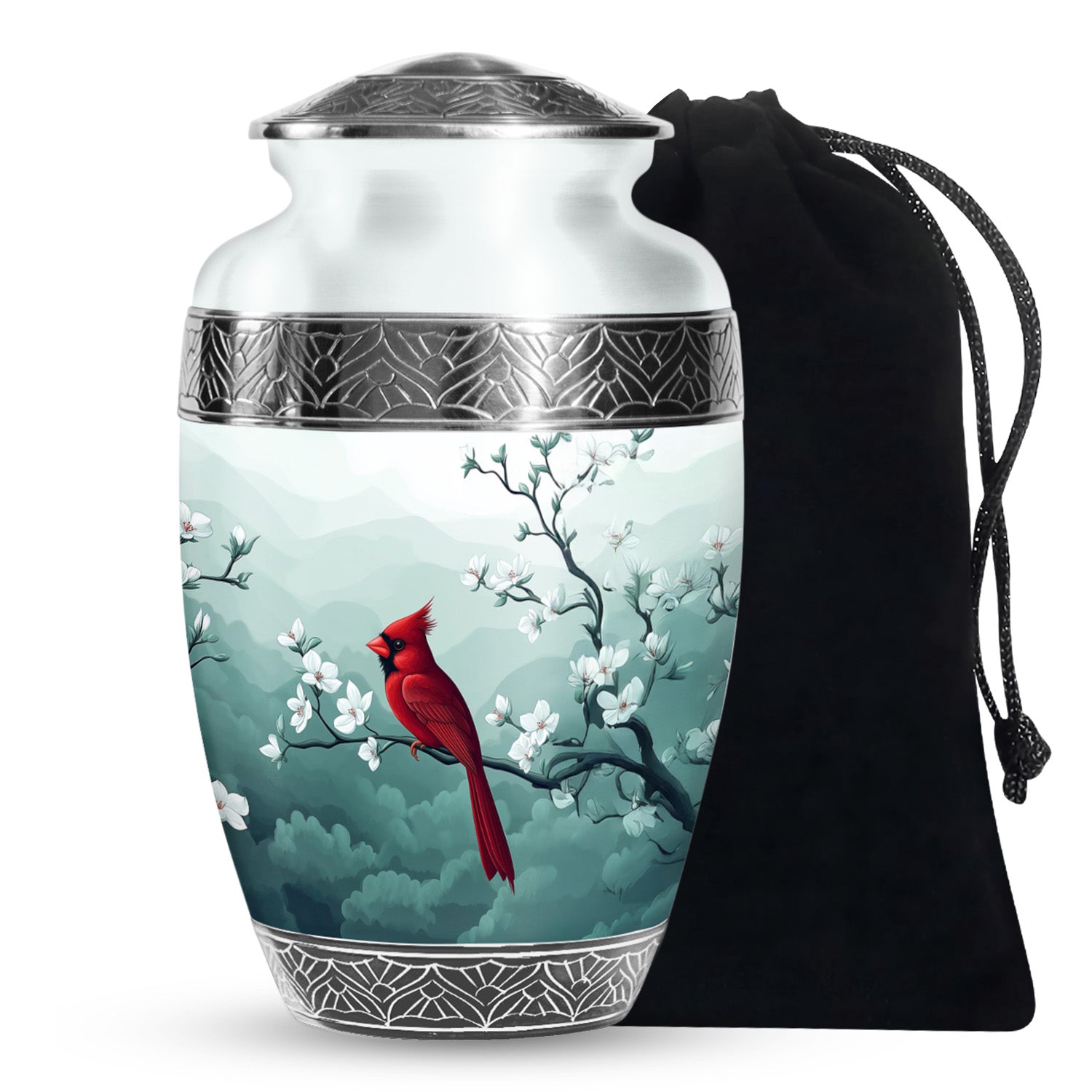 Cardinal Bird Memorial Urn - White Cherry Blossom Urn For Male & Female