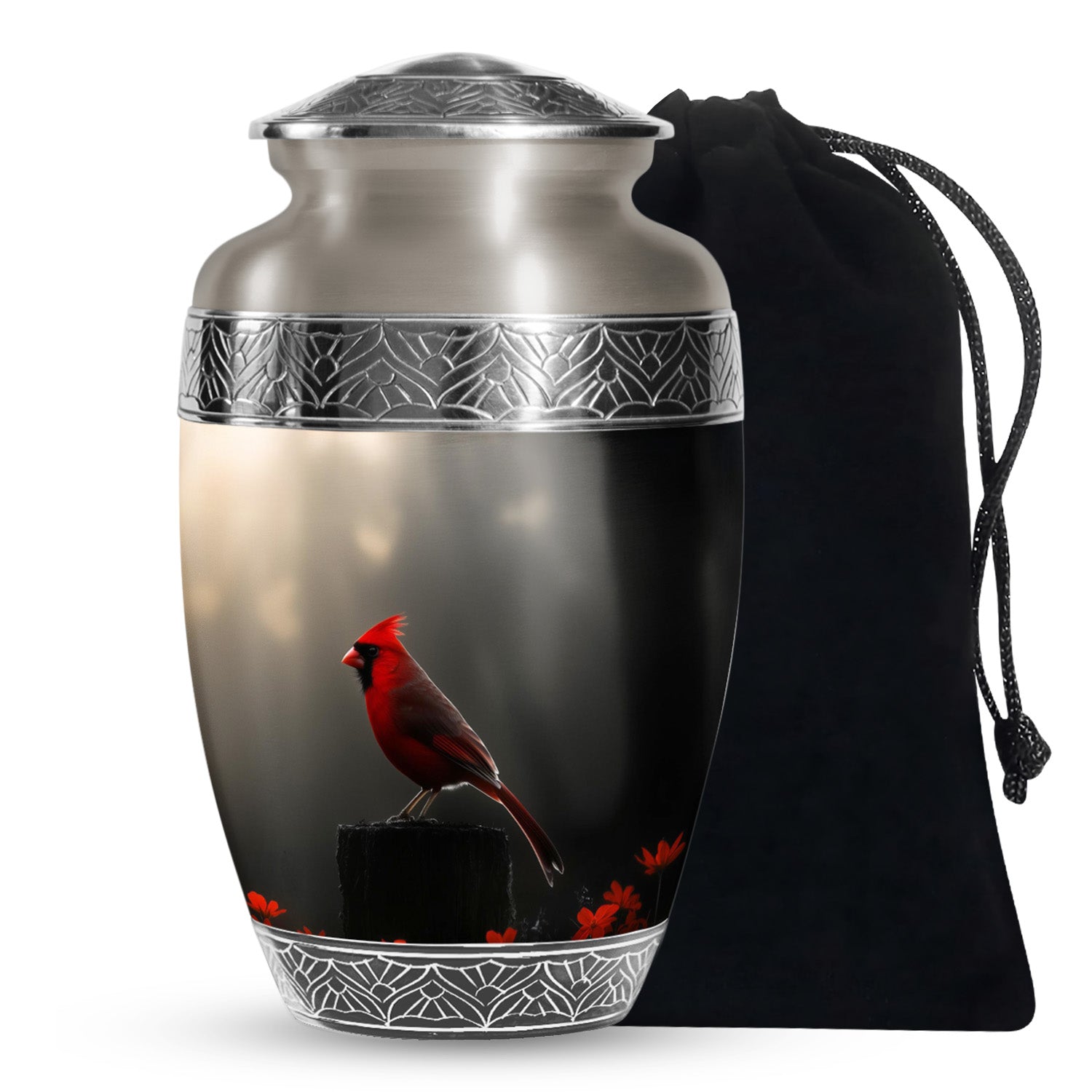Cardinal Bird Black Cremation Urn - Modern Memorial Urn Adult