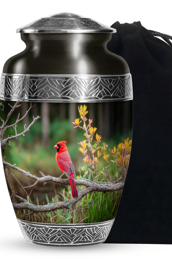 Forest Cardinal Funeral Urn - Green Aluminum Cremation Urn For Loved Ones