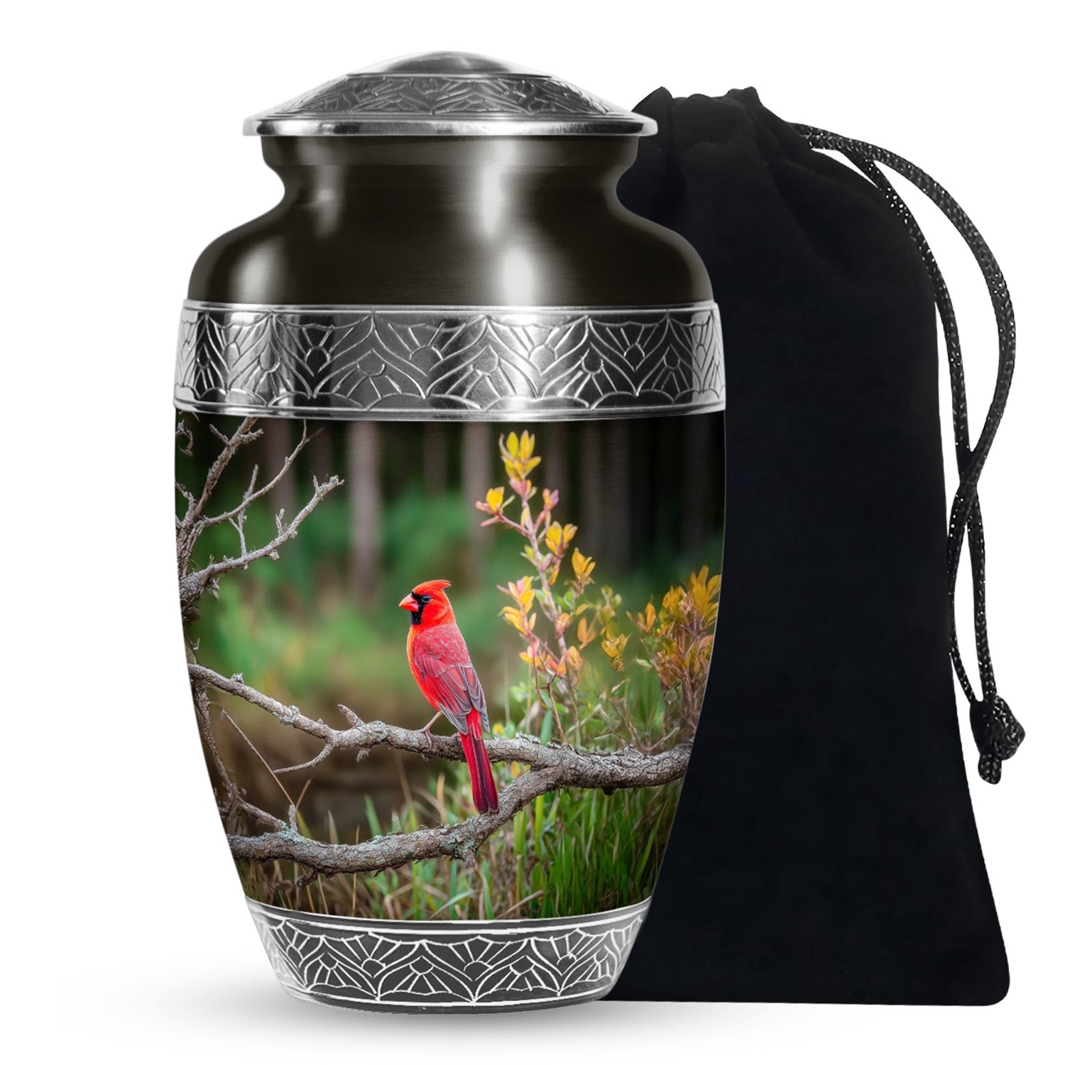 Forest Cardinal Funeral Urn - Green Aluminum Cremation Urn For Loved Ones