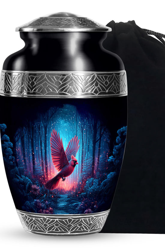 Forest Cardinal Bird Theme Funeral Urn - Black Large Aluminium Urn For Ashes