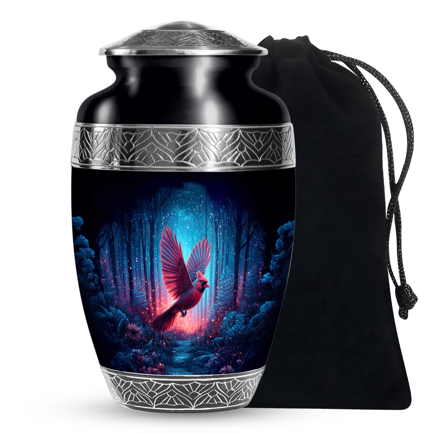 Forest Cardinal Bird Theme Funeral Urn - Black Large Aluminium Urn For Ashes