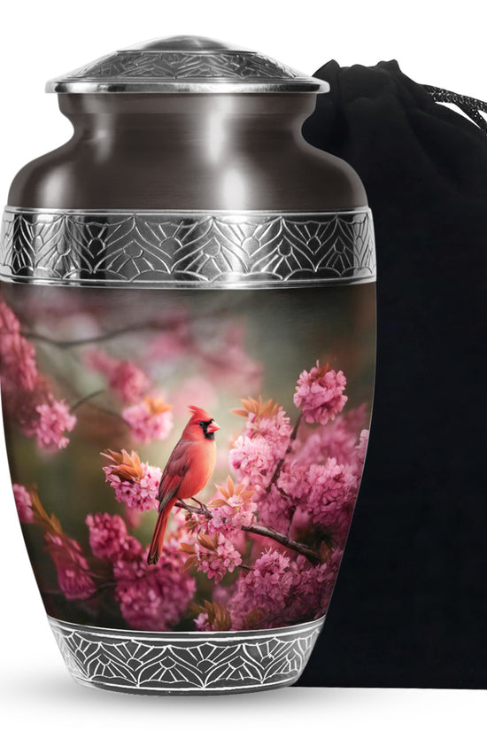 Pink Floral Cardinal Cremation Urn - Decorative Memorial Urn For Burial