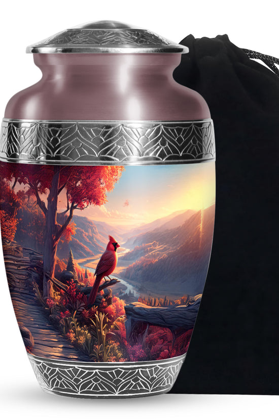 Beautiful Red Cardinal Bird Memorial Urn - Beautiful Scenic Mountain Funeral Urn For Ashes