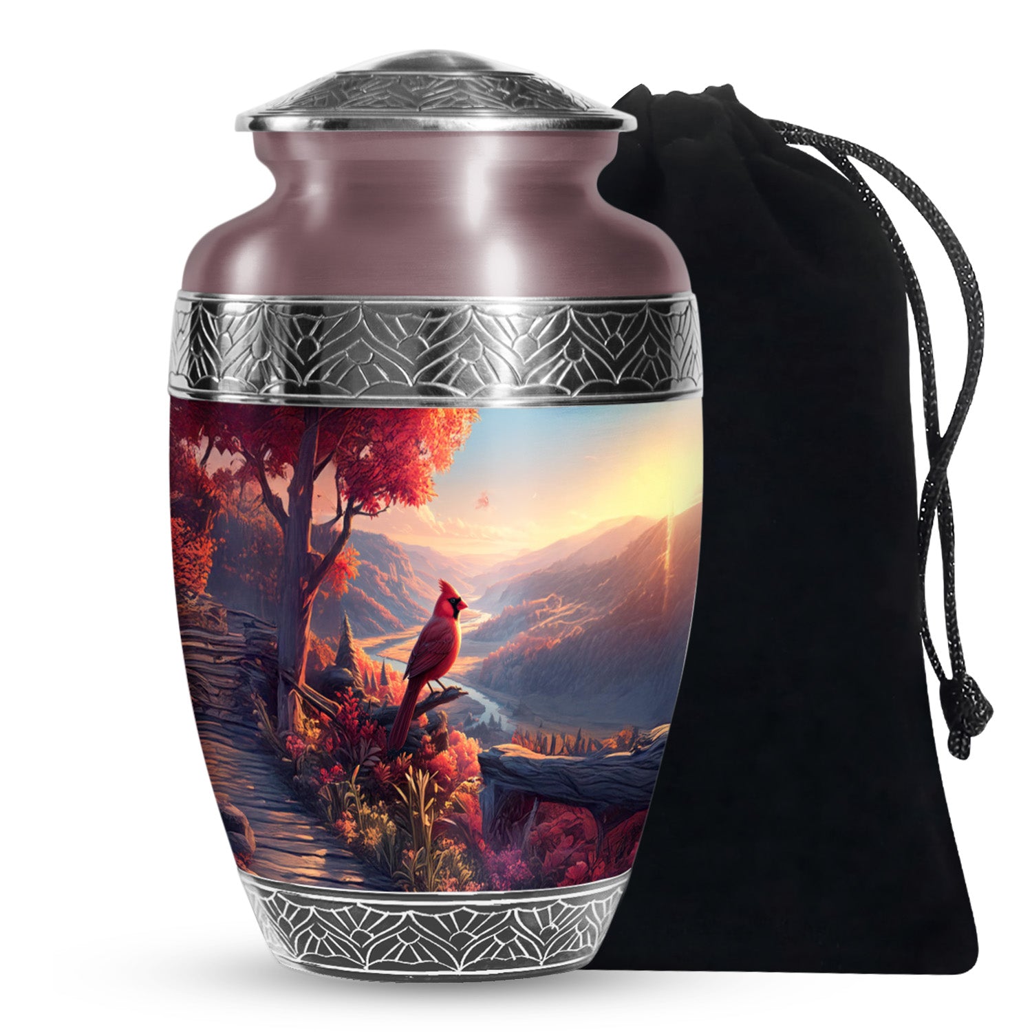 Beautiful Red Cardinal Bird Memorial Urn - Beautiful Scenic Mountain Funeral Urn For Ashes