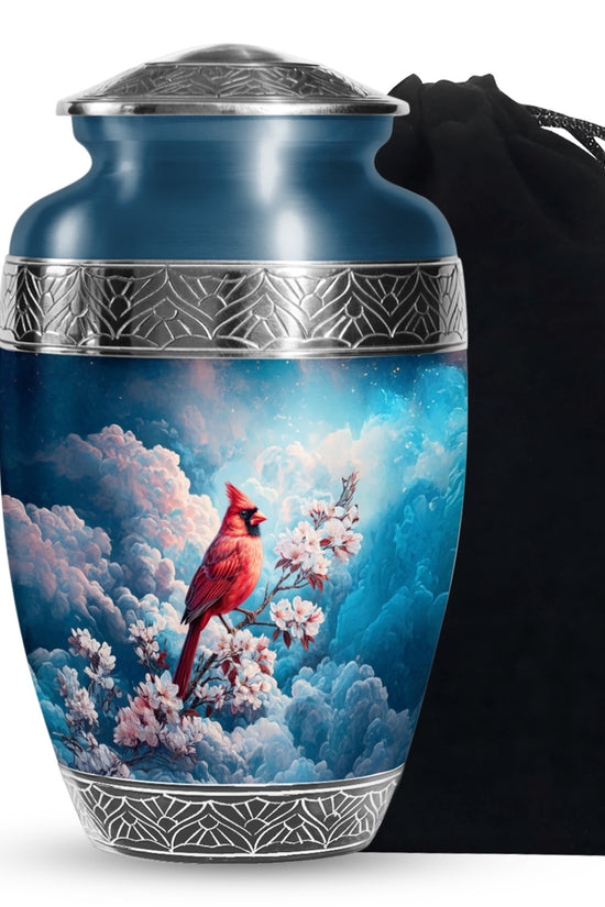 Red Cardinal Bird Cremation Urn - Beautiful Cherry Blossom Funeral Urn For Burial