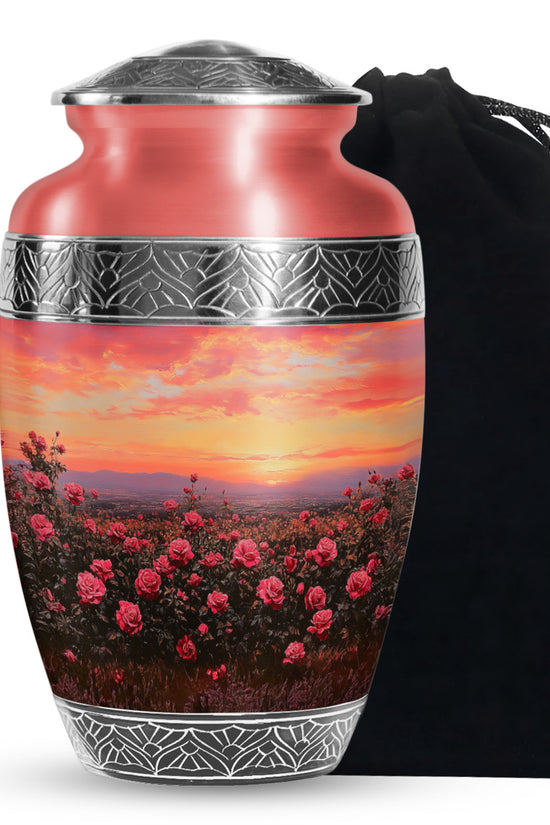 Red Rose Field Cremation Urn - Sunset Funeral Urn For Human Ashes